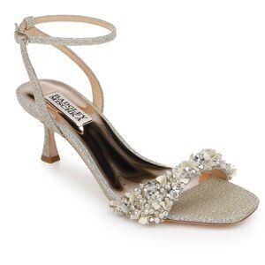 Badgley Mischka Telissa Kitten Heel Sandal - Dust Bag Silver Sparkle Sequins 8.5